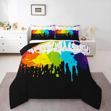Imagem de Erosebridal Jogo de cama King com estampa de arco-íris tie dye, tinta salpicada, multicolorido, grafite multicolorido, decoração de arte abstrata moderna para casa, dormitório, preto e branco