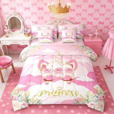 Imagem de Jogo de cama com estampa de unicórnio para meninas e mulheres, 7 peças, rosa com flores, unicórnio dourado, para crianças, solteiro (1 edredom, 2 fronhas, 2 fronhas, 1 lençol de cima, 1 lençol com