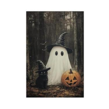 Imagem de KERAXL Arte de parede vintage com estampa de fantasma fofo e gato preto na floresta escura, decoração de sala de academia escura 12 x 18 polegadas (30 x 45 cm) estilo sem moldura