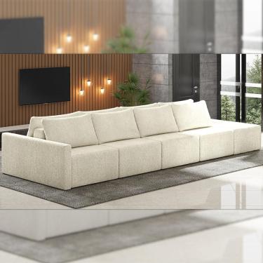 Imagem de Sofá Ilha Modulado Milos 432cm Puff Lateral Bouclê Bege G33 - Gran Belo