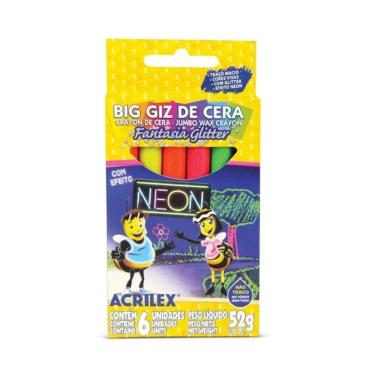 Imagem de Giz De Cera Escolar Fantasia Glitter Com Efeito Neon - 6 Cores - Acrilex -