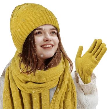 Imagem de Conjunto de 3 peças de gorro de inverno para mulheres e homens, conjunto de cachecóis de cachecóis de caxemira com forro de lã espessa, amarelo, tamanho único