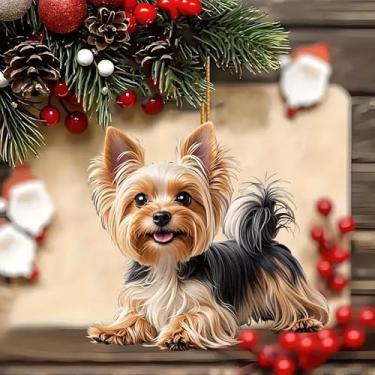 Imagem de Lindo enfeite de cachorro Yorkshire Terrier – Decoração de espelho retrovisor de carro acrílico 2D e chaveiro para casa e festa, amantes de animais de estimação para Halloween, Natal, decoração de