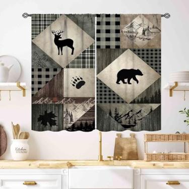 Imagem de Cortinas de cozinha retrô para cabine, chalé rústico, floresta, urso, veado, alce, animais selvagens, retrô, estilo country, cortinas de janela verde, tratamento para sala de estar, quarto, 2 painéis