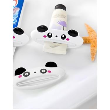 Imagem de 1 pacote com espremedor de pasta de dente de panda fofo, dispensador manual de plástico para pasta de dente, creme para as mãos, tubos de tinta e cosméticos, clipe de rolo reutilizável para bancada de