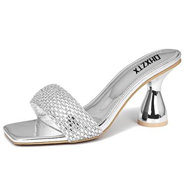 Imagem de OHXZTX Sandálias femininas de salto quadrado com strass e bico aberto, salto grosso, mules modernas, sexy, frente única, salto alto, chinelos, Prata, 6.5