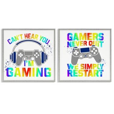 Imagem de Stupell Industries Conjunto de arte giclée emoldurado de 2 peças com frases de jogos retrô arco-íris, design de Kim Allen, 61 x 61 cm
