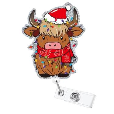 Imagem de Carretel de crachá de vaca de Natal luzes coloridas clipe de crachá de enfermeira com clipe de jacaré retrátil suporte de crachá de Natal com glitter fofo decoração de etiqueta de nome de enfermagem