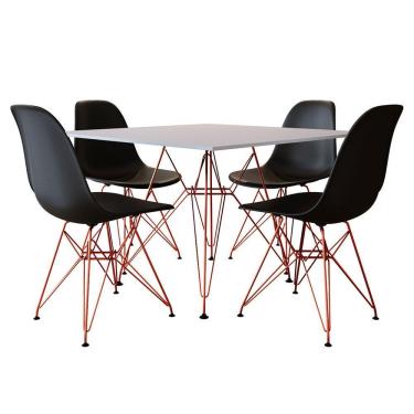 Imagem de Mesa De Jantar Eames Eiffel Quadrada Branca 90Cm Com 4 Cadeiras Pretas Base Ferro Cobre