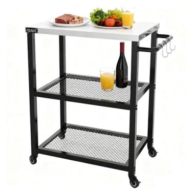 Imagem de NUUK Carrinho de churrasqueira 40,6 cm x 61 cm mesa de preparação de jantar com 3 prateleiras mesa de trabalho de cozinha com rodinhas ao ar livre carrinhos de forno de pizza com topo de aço