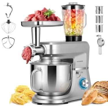 Imagem de VIVOHOME Batedeira multifuncional 6 em 1 com tigela de aço inoxidável de 8,5 litros, moedor de carne com cabeça inclinada de 10 velocidades de 660 W, liquidificador de suco, cortador de legumes,