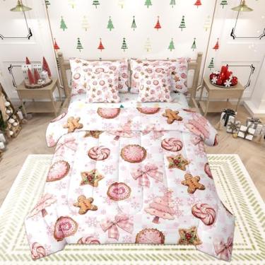 Imagem de Conjunto de edredom infantil com laço rosa, tamanho solteiro, bolo de Natal, pinheiros, reversível, sobremesa, flocos de neve, conjunto de cama quadriculado com edredom, lençol e fronha