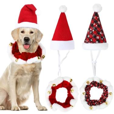 Imagem de Sadnyy Pacote com 4 roupas de Natal para cães de estimação, chapéu de Papai Noel e coleira de Natal com ornamentos de sinos, roupas de fantasia de Natal, chapéus ajustáveis, chapéus de pescoço para