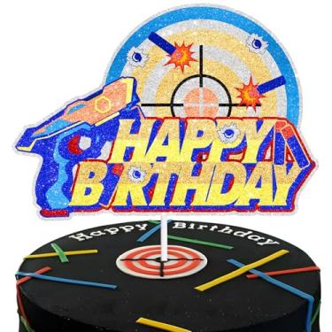 Imagem de Topo de bolo de feliz aniversário, decoração de bala de alvo, tema de arma de festa para crianças, meninos, homens, artigos de decoração de festa de aniversário
