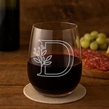 Imagem de On The Rox Drinks Presentes com monograma para mulheres e homens - Letra A-Z com monograma gravado com inicial taça de vinho sem haste - presentes de vinho personalizados de 500 ml para mulheres e