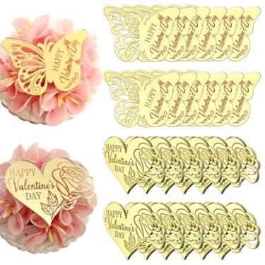 Imagem de 24 peças de enfeite de cupcake com design de borboleta e coração do dia dos namorados, decorações acrílicas espelhadas douradas, design de feliz dia dos namorados de 5 x 4 cm
