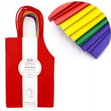 Imagem de Angels Craft Pacote com 12 sacos Kraft com alças - 20 x 12,7 cm - cores primárias sortidas | Sacos de presente de papel duráveis para varejo, aniversário, festa e projetos DIY