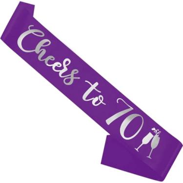Imagem de Faixa de aniversário roxa, faixa de aniversário "Cheers To 70" para meninas, mulheres e homens com letras prateadas para lembrancinhas de festa engraçadas, suprimentos 70 roxo prata