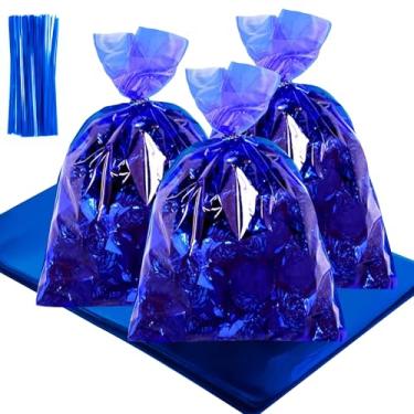 Imagem de QOIUSO Sacos de celofane transparentes azuis 20 x 28 cm: pacote com 50 sacos de presente transparentes com laços para brindes de festa, guloseimas, biscoitos doces, lanches e embrulhos de presente