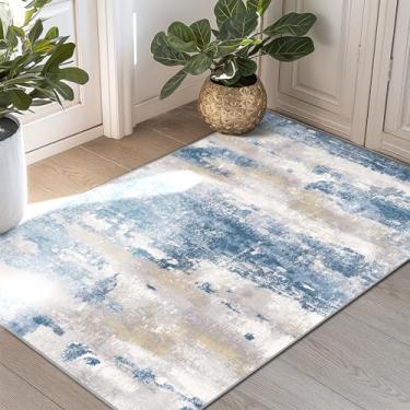 Imagem de BEIMO Tapetes de 73,66 cm x 43,2 cm para entrada, cozinha, banheiro, lavável à máquina, moderno, abstrato, macio, tapete de piso baixo com suporte antiderrapante, creme azul