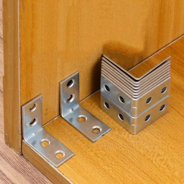 Imagem de 10 peças/conjunto de suportes de canto de 90 graus com 4 furos, pequenos suportes de metal L, suportes de ângulo reto de viga de aço para prateleiras, cabine de gaveta de cadeira (3 x 3 x 1,5 cm)
