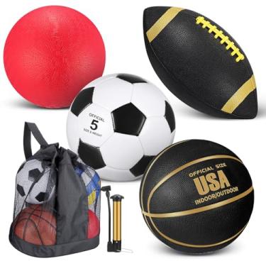 Imagem de Lenwen Conjunto de 4 bolas esportivas, inclui bomba, bolsa de equipamento tamanho oficial bola de basquete futebol futebol playground bola para crianças adolescentes adultos (ouro preto)