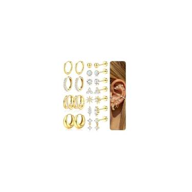 Imagem de LOYALLOOK Brincos hipoalergênicos com costas planas para mulheres, banhado a ouro 14K, aço cirúrgico, argolas delicadas, pequenos conjuntos de brincos de cartilagem para piercing múltiplo, Aço