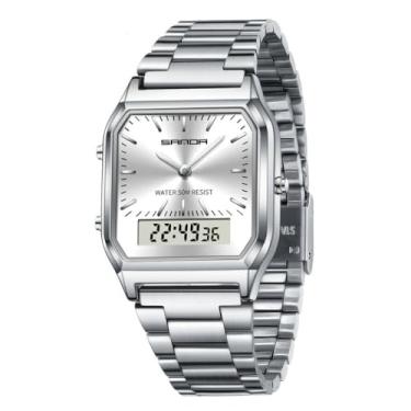 Imagem de FORSINING Relógios masculinos quadrados de quartzo com pulseira de aço inoxidável, Prata