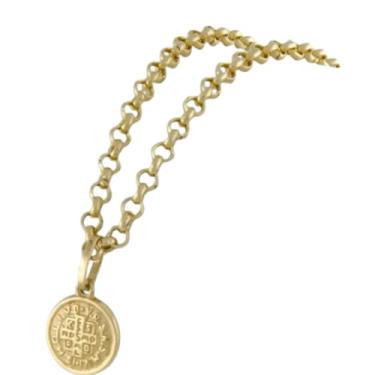 Imagem de Pulseira Feminina em Ouro 18K 750 com Elos Portugueses e Pingente Medalha de São Bento Joia Maciça com Certificado de Garantia, Design Elegante, Brilho Duradouro, Ideal para Presente e Uso Diário