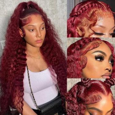 Imagem de Perucas Simeider 36 polegadas 13x6 Deep Wave Burgundy Lace Front