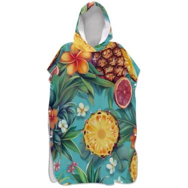 Imagem de Joisal Poncho de surfe trocador de roupão para adultos toalha de natação com capuz plus size flores tropicais abacaxis azul-petróleo ponchos adultos para mulheres