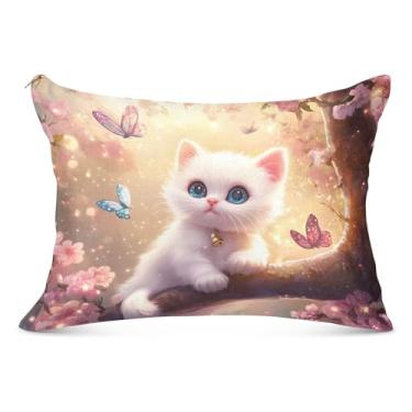 Imagem de Linda fronha decorativa branca com flores de gatinho rosa grande poliéster longo para travesseiro padrão Queen King Fronhas de travesseiro Básico, tamanho do corpo, 53 cm x 137 cm
