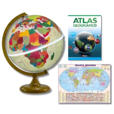 Imagem de GLOBO TERRESTRE FÍSICO HISTÓRICO LUMINOSO BASE OURO VELHO 30CM + MAPA MUNDI + ATLAS GEOGRÁFICO