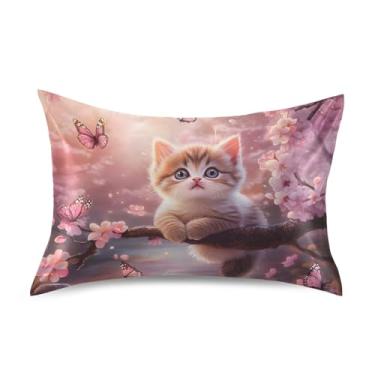 Imagem de Fronhas de cetim rosa flor de cerejeira fofo gato engraçado arte legal resfriamento padrão king queen fronha decoração de cama fronha tamanho padrão 66 cm x 50 cm