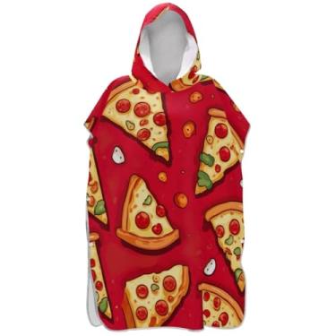 Imagem de Joisal Poncho de surf vermelho com desenho animado pizza trocador adulto ponchos de praia vestíveis para homens toalha de banho com capuz de praia