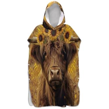 Imagem de Joisal Roupão vintage Highland Cow Sunflower Surf Poncho Trocador Adultos Praia Banho com Capuz Toalhas com Capuz Secagem Rápida Poncho Masculino com Capuz