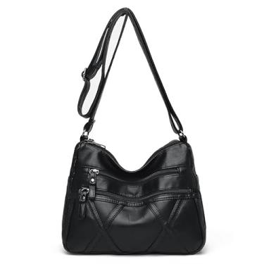 Imagem de Bolsas transversais de couro para mulheres, bolsa de ombro de couro macio com vários bolsos com alça ajustável, 25 x 18,8 x 11 cm, Preto, Medium, Bolsa tiracolo