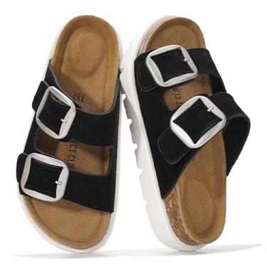 Imagem de Project Cloud Sandálias femininas de couro genuíno com plataforma - Sandálias femininas grossas com palmilha de espuma viscoelástica e palmilha de cortiça (GREECECHUNKY), Combo preto, 35