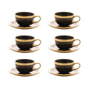 Imagem de Cj 6 Xícaras P/Café C/Pires de Porcelana Preto Fosco/Dourado Dubai 90ml Wolff
