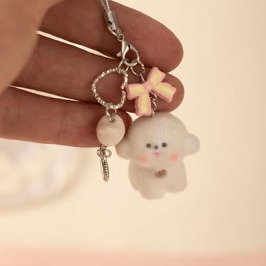 Imagem de Lindo pingente de telefone de urso flocado, pequeno pingente de pelúcia com decoração de laço para celular, chaves, bolsas (ursinho - corda para pendurar)