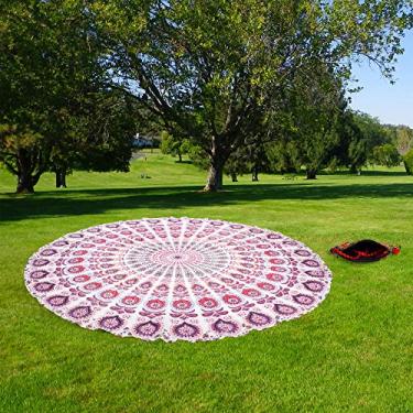 Imagem de raajsee Tapeçaria de praia redonda branca e rosa hippie/boho cobertor de praia mandala/manta de algodão indiano - toalha de mesa redonda/decoração de casa/tapete independente tapete de ioga meditação