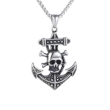 Imagem de Colar masculino retrô azul-marinho com pingente de âncora de amarração de caveira pirata de aço inoxidável 316L, corrente quadrada de pérola de aço inoxidável prata, joia vintage de amuleto