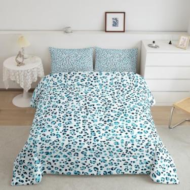 Imagem de Manfei Conjunto de edredom Queen com estampa de pele de leopardo, 3 peças, estampa de pele de guepardo azul-petróleo chique, conjunto de colcha para jovens adultos, 2 fronhas