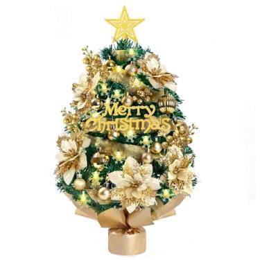 Imagem de Mini árvore de Natal com luzes, árvore de Natal pequena de 2 m com enfeite dourado, árvores de Natal de mesa com estrela de copa, luzes de LED para neve e decoração de Natal para mesa, casa