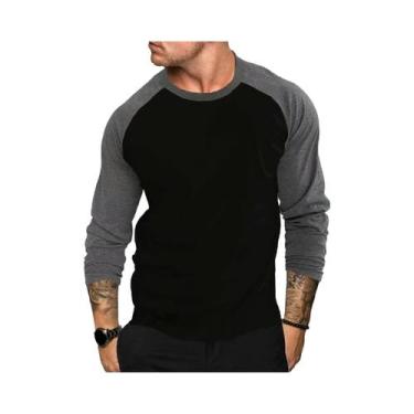 Imagem de Camiseta Casual Masculina De Manga Longa Com Patchwork Para Academia E