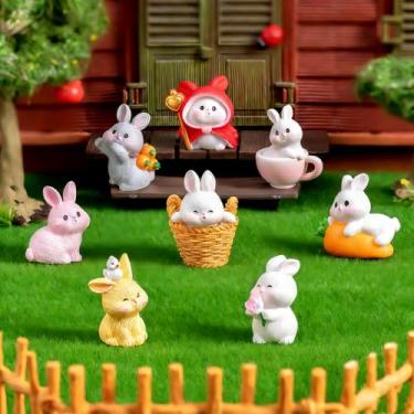 Imagem de 9 peças de estatuetas de jardim em miniatura de coelho fofo, decoração de artesanato de resina DIY para desktop, configurações de micro paisagem