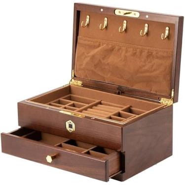 Imagem de Caixa de joias com trava de impressão digital, caixa organizadora de joias de madeira, caixa de armazenamento de joias de grande capacidade para brinco, anel, colar, pulseira, organizador de joias (B)