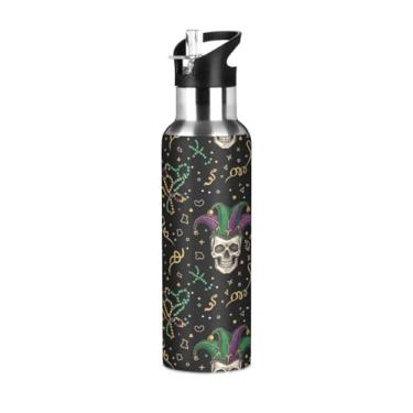 Imagem de Wassud Garrafa de água Skulls Mardi Gras de aço inoxidável esportiva com canudo garrafas de água isoladas copo portátil de viagem 946 ml