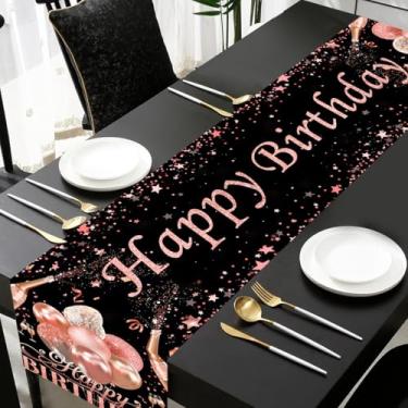 Imagem de Decoração feminina de corredor de mesa de feliz aniversário ouro rosa preto, 182 cm de comprimento para o dia do nascimento, decoração de festa, decoração de toalha de mesa retangular de 16º 21º 30º