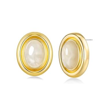 Imagem de SNGIA Brincos femininos com botões ovais médios banhados a ouro 18 K da SNGIA, (turquesa, cornalina, aventurina, ametista, malaquita, olho de gato, branco, creme) ousado feito à mão colorido (vermelho